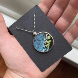 Butterfly Wing Necklace Blue Morpho Sunset Moth Artisan Handmade Nature Jewelry - Picture 1 of 4