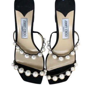 Jimmy Choo Black Suede Amara 85 Pearl Slide Sandal Block Heel 38.5 (US 8.5 ) - Picture 1 of 8