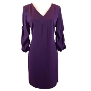 DKNY sz 12 purple puffed ruched 3/4 sleeve A-line v-neck lined knee length dress - Picture 1 of 12