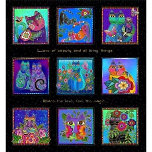 Laurel Burch Fantasticats picture Blocks Y4339-3M Black Gold Fabric Cats panel - Picture 1 of 3