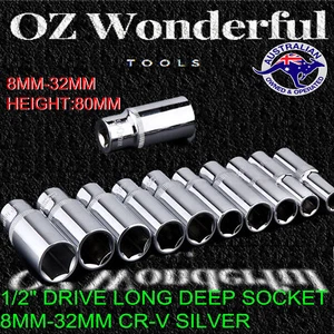 1/2" Long Deep Socket Hex 6 Point Metric CR-V 8mm - 30mm Sockets Air Auto Tools - Picture 1 of 8