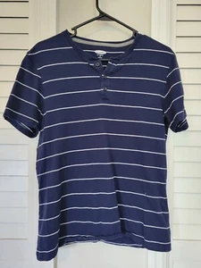 Old Navy Shirt M blau gestreift kurzärmelig Henley 1/4 auf Knopfleiste weich gewaschen - Bild 1 von 6