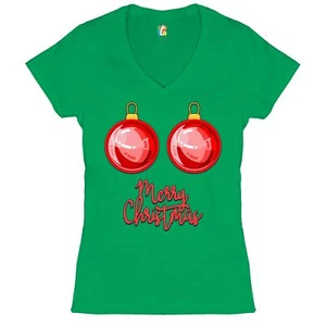 Merry Christmas Boobs Women's V-Neck T-shirt Naughty or Nice Funny Tits Tee - Picture 1 of 41