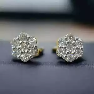 10KT Yellow Gold Men's 6MM Genuine SI Diamond Flower Cluster Stud Earrings, New - Picture 1 of 3