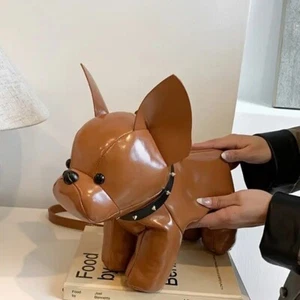 Nwot brown vegan leather French bull dog puppy purse unique dog bag crossbody - Picture 1 of 3