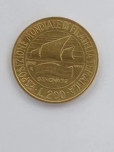 MONETA 200 lire italiane Esposizione Mondiale Filatelia Tematica Genova 1992 - Foto 1 di 2