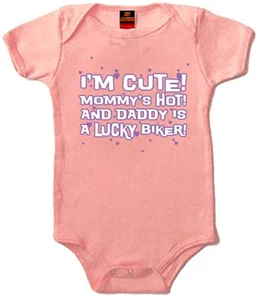 Motorcycle Baby Girl Infant Creeper I'm Cute! Mommys HOT! Daddys Lucky New Pink - Picture 1 of 4