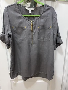 Ellen Tracy Damen Top Large grau Leinen 1/4 Reißverschluss Kurzarm Bluse, gebraucht - Bild 1 von 5
