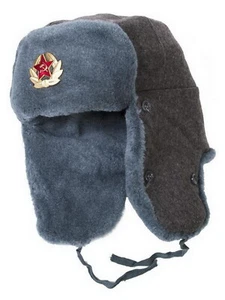 Soviet Red Star Russian Winter Ushanka Hat Sheepskin Fur Cap Earflaps USSR Badge - Picture 1 of 13