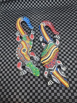 2 Art Lizard Gecko Wooden Decorations Wall Hanging Painted Dot Reptile LOT OF 2  - Image 1 of 3