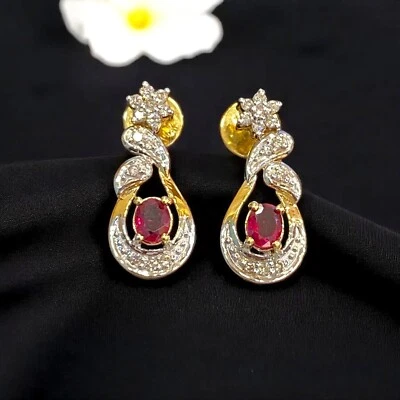 Pave 0.90 Cts F/VS1 Round Brilliant Cut Diamonds Ruby Dangle Earrings 14K Gold - Image 1 of 4