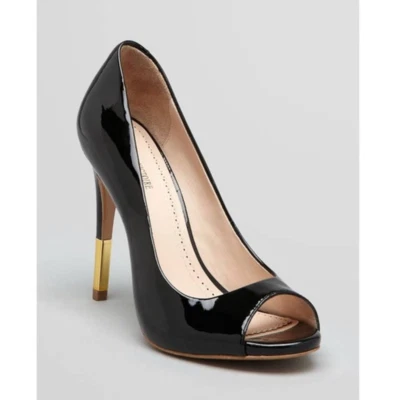Pour la Victoire NWT Sable Black Patent Peep Toe Stiletto Heels Gold Size 9.5 - Image 1 of 4