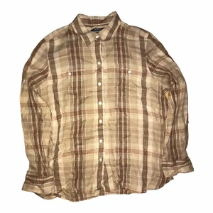 Lauren Ralph Lauren Womens 100% Linen Top Button Down Brown Plaid XL C16 - Picture 1 of 6