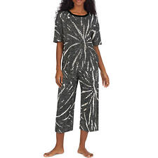 DKNY Women Elastic Waistband Capri & Short Sleeve Pajama Set (Black Tie Dye M)