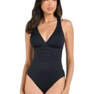 LA BLANCA ISLAND GODDESS MULTI-STRAP CROSS-BACK ONE PIECE BLACK SWIMSUIT SIZE 12 - Picture 1 of 8