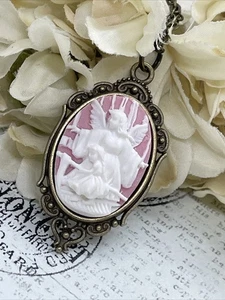 Baptism Christian Pink Guardian ANGEL Perilous Bridge Bronze Cameo Necklace - Picture 1 of 8