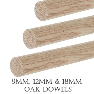 297mm (12") Oak Dowel Hardwood 9,12,18mm Diameter Trade & Craft Oak Dowels - Picture 1 of 5