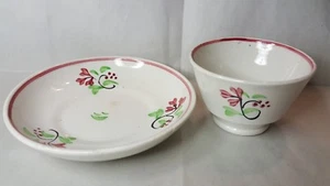 Adams? Antique Staffordshire Spatterware CUP & SAUCER Red Green Demi Handleless - Picture 1 of 7