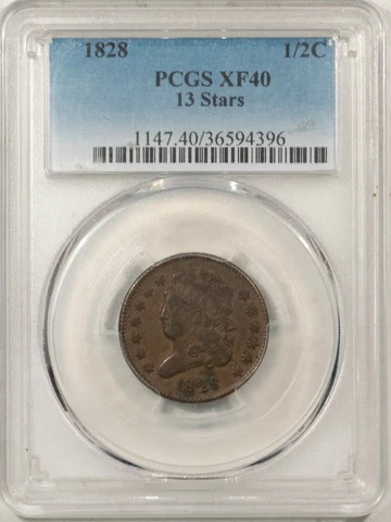1828 CLASSIC HEAD HALF CENT, 13 STARS, PCGS XF-40, NICE ORIGINAL Cover