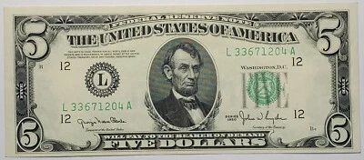 Choice About Uncirculated  1950 $5.00 note w/serial# L33671204A - Image 1 of 2