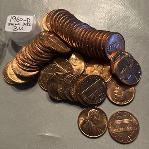 1960-D Small Date Lincoln Memorial 1c Cent Roll 50 Coins BRILLIANT UNCIRCULATED - Picture 1 of 6