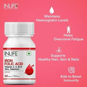 INLIFE Iron with Folic Acid, Zinc, Vitamin C, E & B12 (60 Tablets) - Picture 1 of 6
