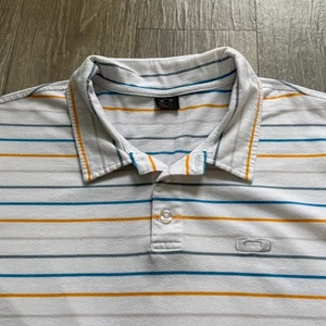 Oakley Striped Polo Shirt XL White Blue Orange Golf Casual Cotton Blend Stretch - Picture 1 of 9