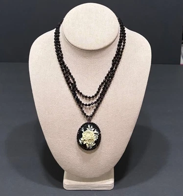 Monet Black Bead Floral Cream Color Cameo Necklace READ Vtg 3 Strand Rhinestones - Image 1 of 4