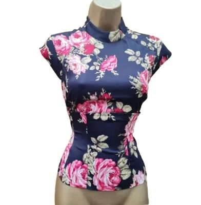UK 8 KAREN MILLEN Black Satin Oriental Chinese Rose Print Corset Top Blouse - Image 1 of 4