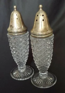 Fine Diamond Cut Clear Glass Pedestal SILVERPLATE LID SALT & PEPPER SHAKER SET - Picture 1 of 6