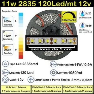Striscia Led 11 Watt, 12 Volt Bianche 2835 120 Led/mt Kit 5/10/15m Strip 11w 12v - Foto 1 di 5