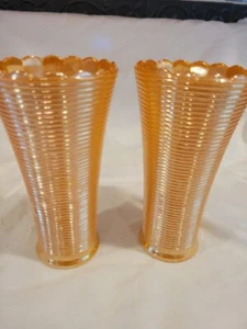 Gorgeous Vintage Pair Peach Luster Glass Vases, Horizonal Rib Design - Picture 1 of 7