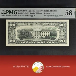 1993 $20 FRN PMG 58 EPQ, *Error* Overprint on Back! Amazing Certified Error - Picture 1 of 2