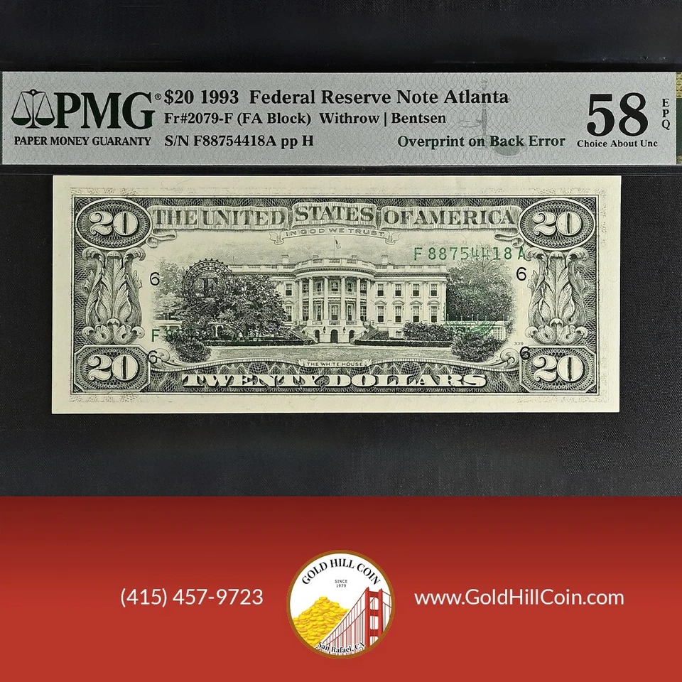 1993 $20 FRN PMG 58 EPQ, *Error* Overprint on Back! Amazing Certified Error - Image 1 of 2