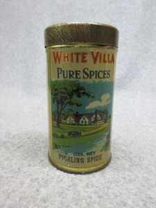 1920's WHITE VILLA  PICKLING SPICE TiN Litho FuLL 2 Ounce   MUSEUM CONDITION - Picture 1 of 6