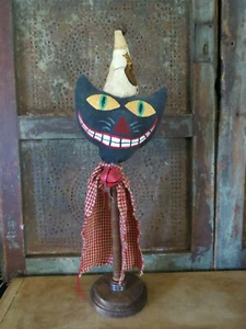 Grubby Primitive Halloween Black Cat Head on Wood Spool 18" Artist Made OOAK - Picture 1 of 5