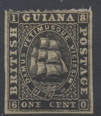 British Guiana Stamps 1864 1c black mint; 3 cut margins; perf 13 SG57 CV £85 - Image 1 of 2