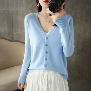 Cárdigan para mujer mezcla de cachemir color liso suéter simple cuello redondo chaqueta abrigo - Imagen 1 de 28