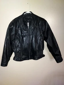 VTG UNIK Leather Motorcycle Jacket Women L. Black 18" Pit To Pit NICE + Gloves - Picture 1 of 24