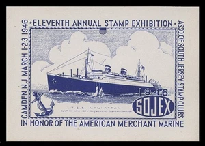 1946 SOJEX BRIEFMARKENSCHAU ETIKETT - T.S.S. MANHATTAN, AMERICAN MERCHANT MARINE - Bild 1 von 2