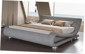 Size Upholstered Bed Frame, Deluxe Low Profile Sleigh Bed with Queen Grey - Picture 1 of 7