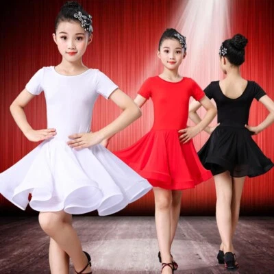 Childrens Girls Short Sleeve Latin Salsa Dance Dress Ballroom Dancewear Practice - Image 1 of 4
