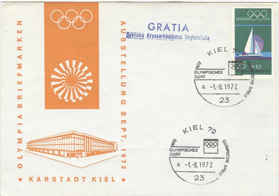 Germany Olympic Games Munich 1972 cover Kiel shippost GRATIA Svenska - Image 1 of 1