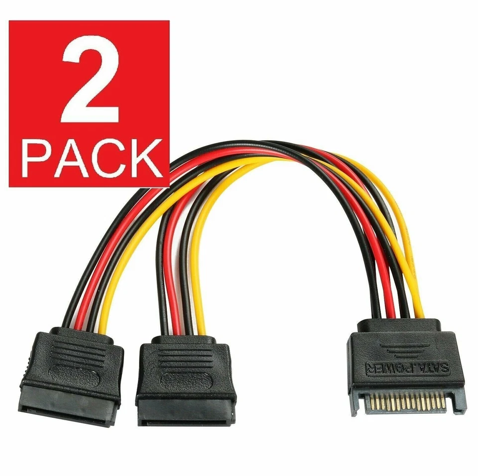2x SATA Power 15 Pin Y Splitter Cable Adapter Male to Female for HDD Hard Drive