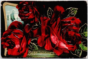 Vintage Postcard Best Wishes Rose c1910 Embossed Sailboat Vibrant Beautiful Card - Picture 1 of 2