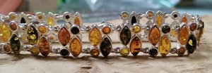 Vintage Sterlingsilber Armband 60 mehrfarbige Bernstein Steine 7" - Bild 1 von 12
