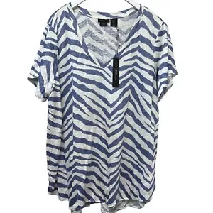 TAHARI 100% Linen Tee Plus Size 1X Blue White Zebra Knit Top Short Sleeve NWT - Picture 1 of 9