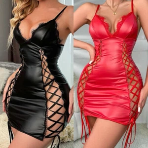 Sexy Women's Wet Look Sleeveless V Neck Bodycon Mini Dress Hollow Party Clubwear - Picture 1 of 9