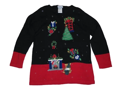 BP DESIGNS Navidad Suéter Túnica Grande Negro/Rojo Pullover Cuentas Bordado Foto 1 de 2