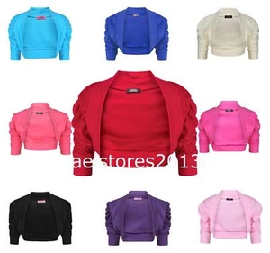 Bolero Shrug Ruched Sleeve Cardigan 100% Cotton Plain New Girls Age 2 - 13 Years - Picture 1 of 25